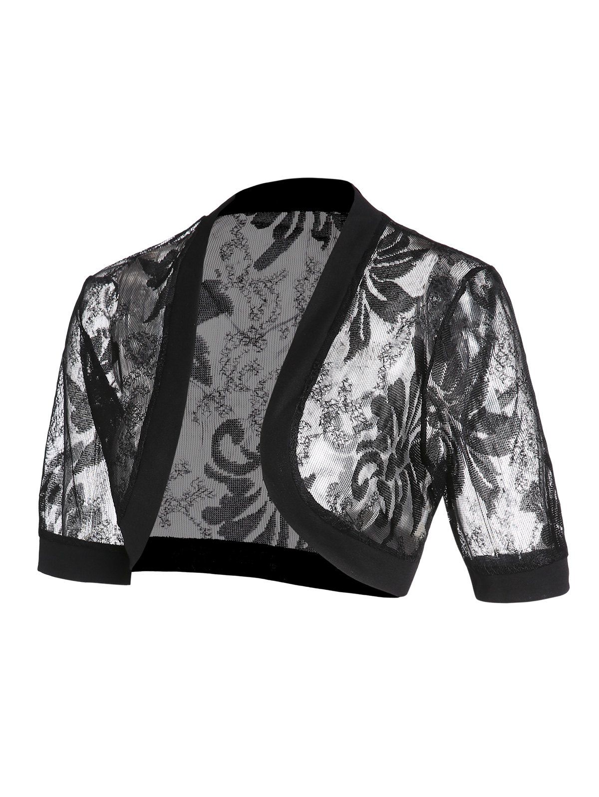 T-shirt d'Eté Kimono Court Floral en Dentelle Transparente à Manches 1 / 2 - Noir XXL