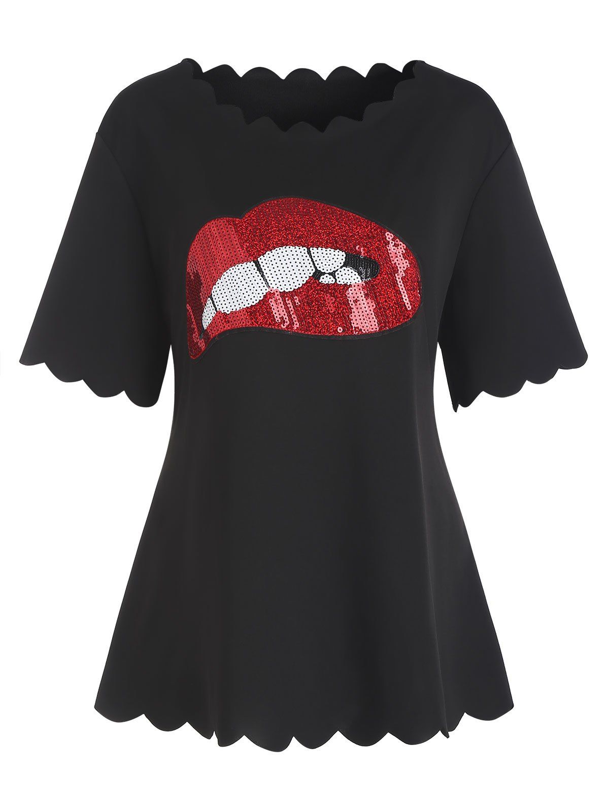 T-shirt Festonné Lèvre Contrasté en Blocs de Couleurs à Paillettes de Grande Taille - Noir XL