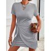 Summer Casual Heather Dress Self Belted Ruched Roll Up Mini T shirt Dress - LIGHT GRAY XL