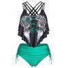 Summer Gothic Swimsuit Tummy Control Rose Wing Print Crisscross Cinched Ruched Tankini Swimwear - BLACK XXL