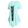 Plus Size T Shirt Rose Lace Panel Colorblock Draped Faux Twinset Tee - LIGHT GREEN 4X