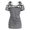Ruched Floral Lace Panel T Shirt Cold Shoulder Tied Ruch Tee - GRAY XXXL
