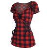 Corset Lace Up T Shirt Sweetheart Neck Plaid Checkerboard Tee - BLACK S