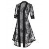 Floral Lace Sheer Kimono Open Front Roll Up Cuff Summer Trendy Top - BLACK XXXL