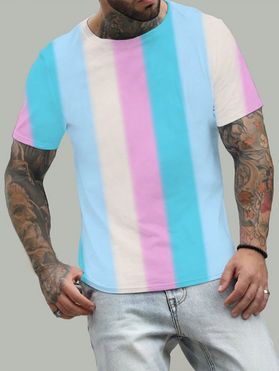 T-shirt d'Eté Décontracté Pastel Rayé Coloré Imprimé à Manches Courtes