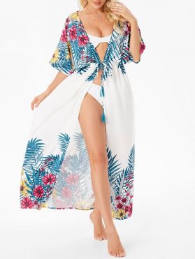 Bohemian Tropical Long Cover Up Leaf Flower Print Drawstring Tassel Open Front Beach Top