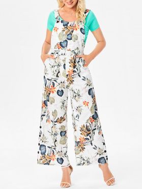 Vacation Tropical Flower Leaf Wide Leg Jumpsuit Square Neck High Waist Mock Button Summer Outfit
