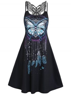 Gothic A Line Mini Dress Feather Butterfly Print Crochet Sleeveless Dual Strap Summer Dress