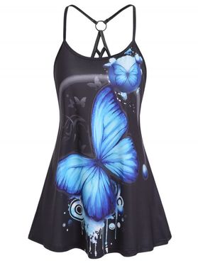 Gothic Butterfly Print Summer Tank Top Lattice Strap O Ring Open Back Top