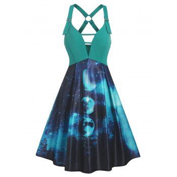 

Moon Galaxy Print Mini Dress Ladder Cut Out A Line Dress O Ring Buckle Straps High Waist Dress, Green