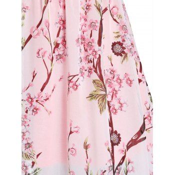 Peach Blossom Print Mesh Panel High Low Dress