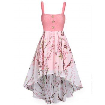 

Peach Blossom Print Mesh Panel High Low Dress, Light pink