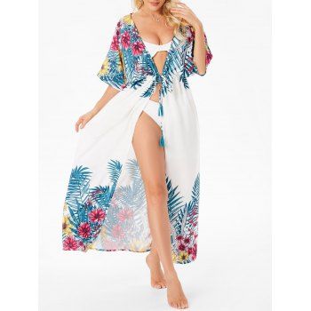 

Bohemian Tropical Long Cover Up Leaf Flower Print Drawstring Tassel Open Front Beach Top, White
