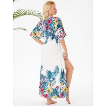 Bohemian Tropical Long Cover Up Leaf Flower Print Drawstring Tassel Open Front Beach Top