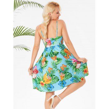 Tropical Print Sundress Floral Fruit Knotted Front Summer Cami Empire Waist Dress