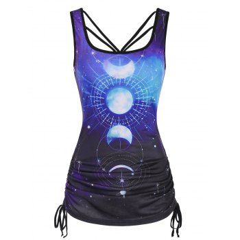 

Moon Phase Galaxy Tank Top Allover Print Cinched Side Long Summer Top, Purple