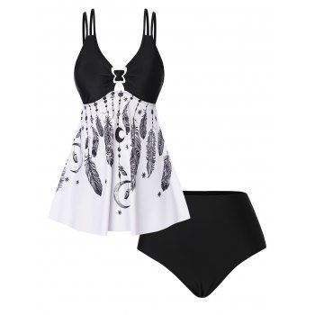 

Modest Tankini Swimsuit Moon Feather Print Swimwear Dream Catcher Cut Out Tummy Control Bathing Suit, Black