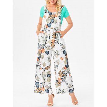 

Vacation Tropical Flower Leaf Wide Leg Jumpsuit Square Neck High Waist Mock Button Summer Outfit, Multicolor