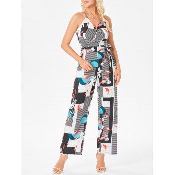 

Vacation Stripe Leaf Wide Leg Jumpsuit V Neck Surplice Summer Outfit, Multicolor