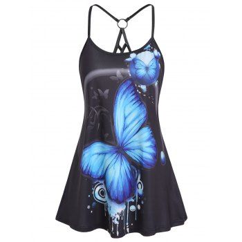 

Gothic Butterfly Print Summer Tank Top Lattice Strap O Ring Open Back Top, Black