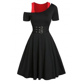 

Contrast 2 In 1 A Line Mini Dress Gothic Cold Shoulder Buckles Short Sleeve Dress, Black