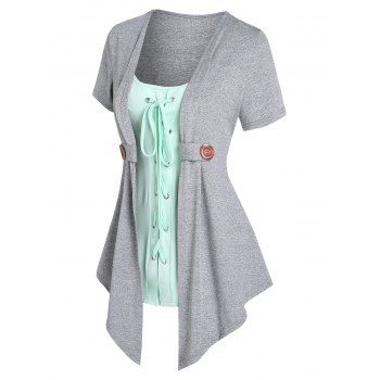 

Lace Up Asymmetrical Hem Short Sleeves Mock Buttons Faux Two Piece Top, Light gray