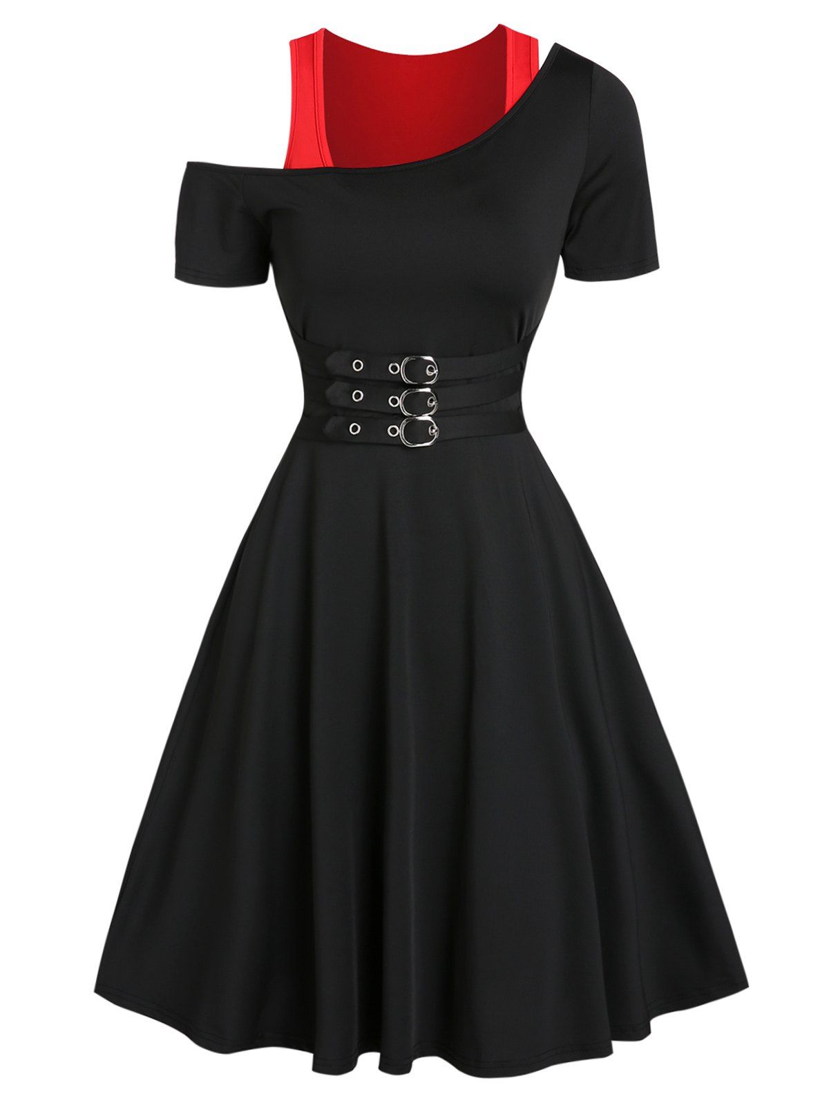 Contrast 2 In 1 A Line Mini Dress Gothic Cold Shoulder Buckles Short Sleeve Dress - BLACK L