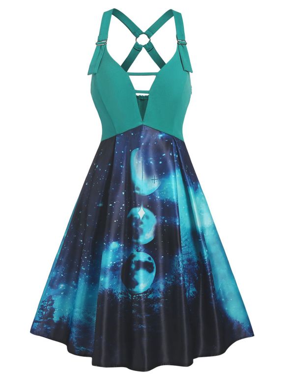 Moon Galaxy Print Mini Dress Ladder Cut Out A Line Dress O Ring Buckle Straps High Waist Dress - GREEN M