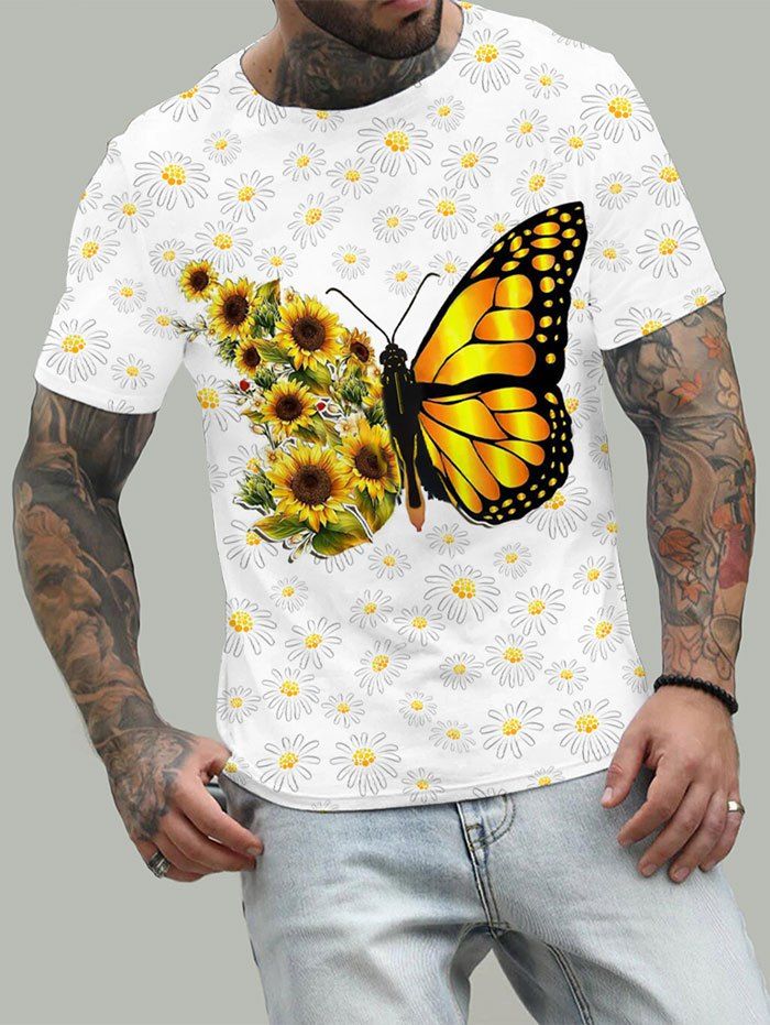 T-shirt Unisexe de Vacances à Imprimé Tournesol et Papillon Partout - multicolor 3XL
