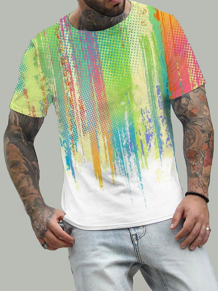 T-Shirt D'Eté Décontracté à Imprimé Rayure Aquarelle à Manches Courtes - Vert 3XL