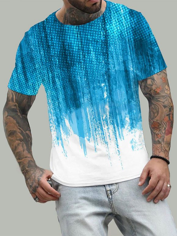 T-Shirt D'Eté Décontracté à Imprimé Rayure Aquarelle à Manches Courtes - Bleu Lierre 3XL