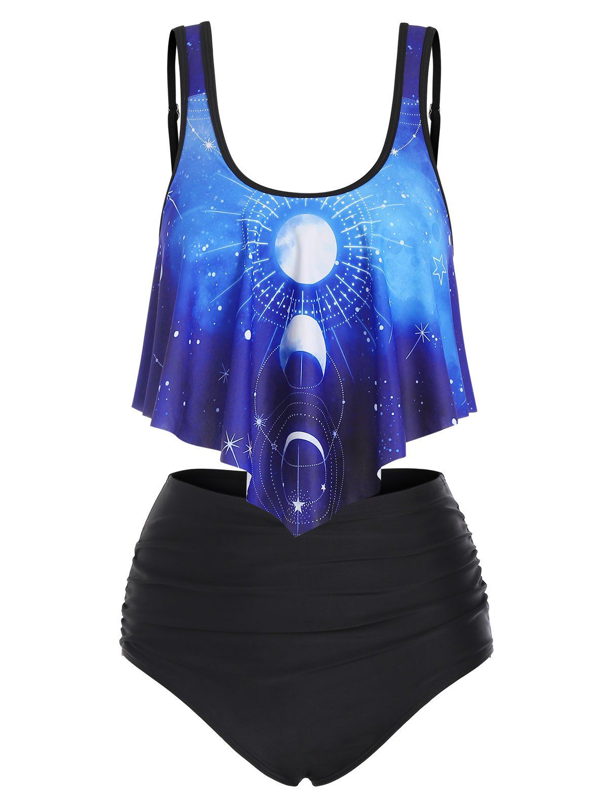 Gothic Swimsuit Galaxy Lunar Eclipse Print Tummy Control Tankini Swimwear - BLUE L