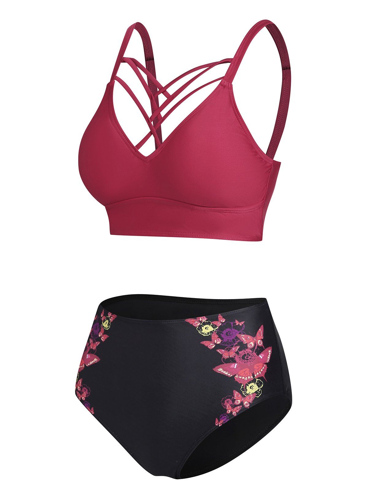 Punk Butterfly Floral Tankini Swimsuit Lattice High Waisted Swimwear Set - DEEP RED XXXL