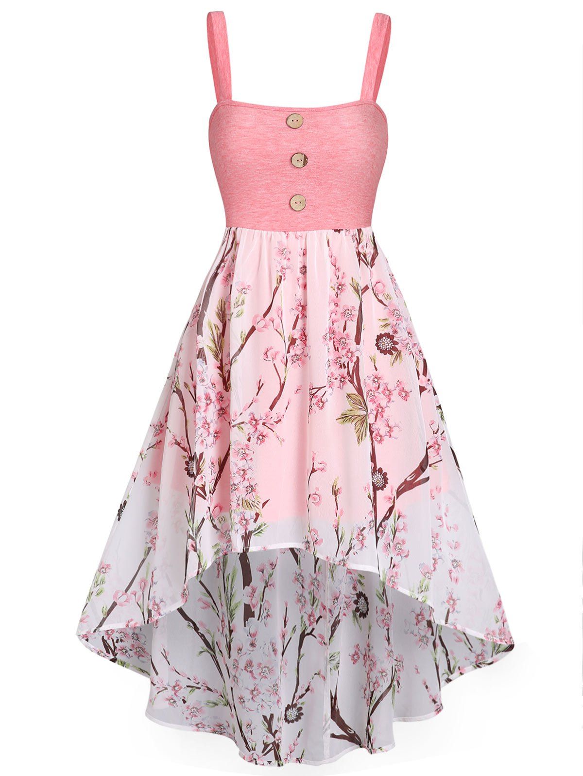 Peach Blossom Print Mesh Overlay High Low Dress Mock Button Space Dye Knot Cut Out Midi Dress - LIGHT PINK XXXL