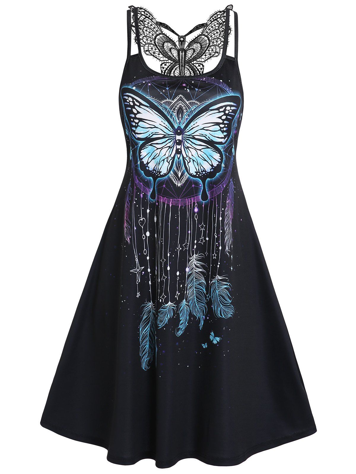 Gothic A Line Mini Dress Feather Butterfly Print Crochet Sleeveless Dual Strap Summer Dress - BLACK XXL