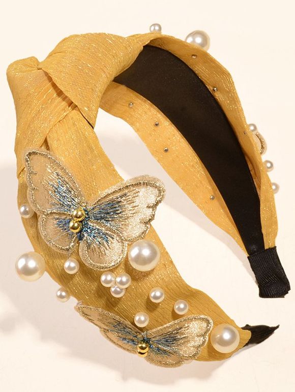 Bandeau Vintage Croisé Motif de Papillon en Fausse Perle - Jaune 