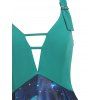 Moon Galaxy Print Mini Dress Ladder Cut Out A Line Dress O Ring Buckle Straps High Waist Dress - GREEN M