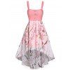 Peach Blossom Print Mesh Overlay High Low Dress Mock Button Space Dye Knot Cut Out Midi Dress