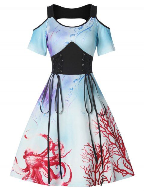 Marine Life Cut Out Lace up Mini Dress