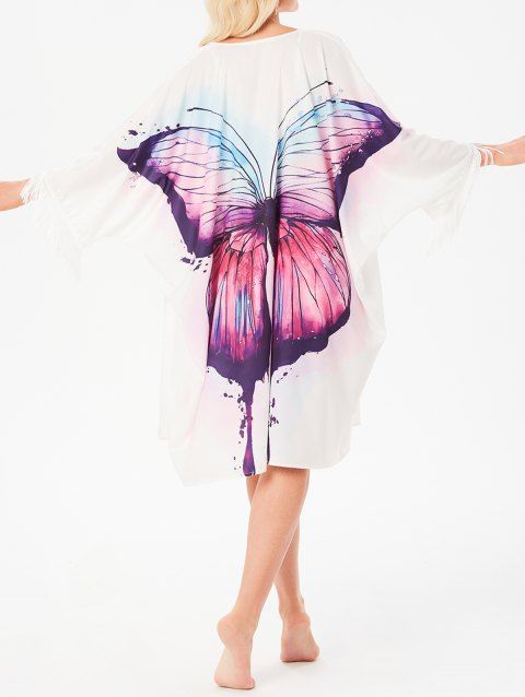 Bohemian Butterfly Painting Vacation Coverups Fringed Batwing Sleeve Open Front Cover Up
