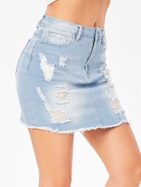 Ripped Frayed Denim Skirt Distressed Bodycon Light Wash Fitted Jean Skirt