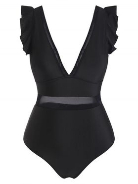 Plus Size Plunging V Neck Swimwear Ruffle Mesh One-piece Swimsuit