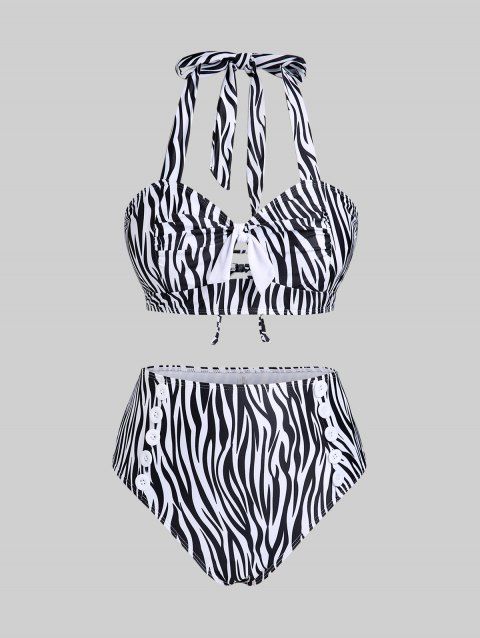 Plus Szie Padded Zebra Stripe Cutout Lace Up Bikini Swimsuit