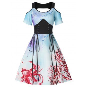 

Marine Life Cut Out Lace up Mini Dress, Multicolor