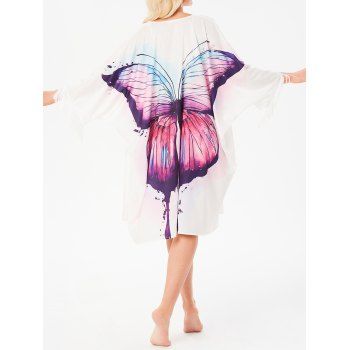 

Bohemian Butterfly Painting Vacation Coverups Fringed Batwing Sleeve Open Front Cover Up, White