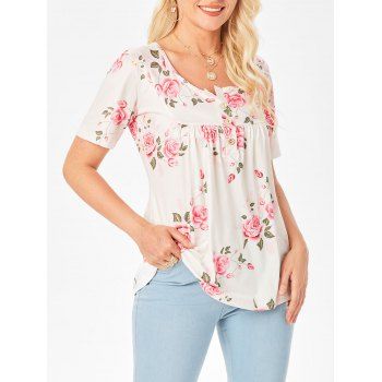 

Floral Print Ruched Button Scoop Neck T Shirt, White