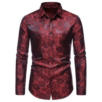 

Vintage Rose Flower Shirt Long Sleeve Button Up Slim Fit Casual Shirt, Red wine