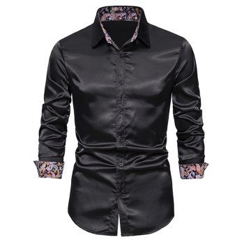 

Satin Shirt Paisley Print Insert Turn Down Collar Long Sleeve Button-up Shirt, Black