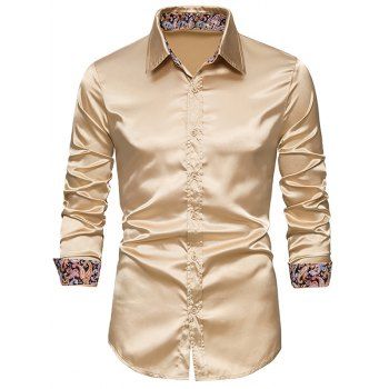 

Satin Shirt Paisley Print Insert Turn Down Collar Long Sleeve Button-up Shirt, Light khaki