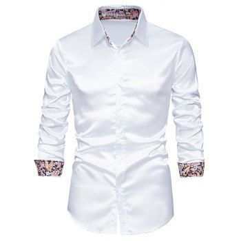 

Satin Shirt Paisley Print Insert Turn Down Collar Long Sleeve Button-up Shirt, White